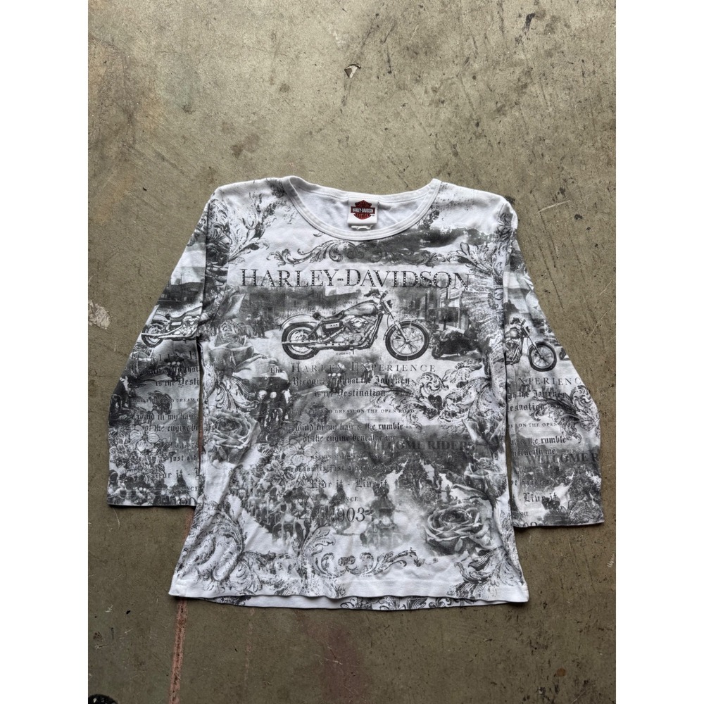 Harley-Davidson All Over Print Motorcycle Graphic Tee 3/4 Sleeve White Grey L